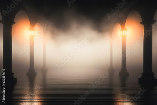 Strict, flowing and elegant background with columns, orange light, water and arches. Ai generation