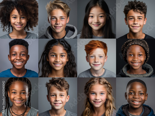 Collage of ethnically different happy children, people modern portraits, Funny, smiling and happiness multicultural faces looking at camera, Human resource society database concept, globalization.