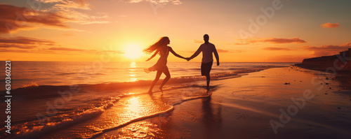 Happy couple running on the beach in sunset light,