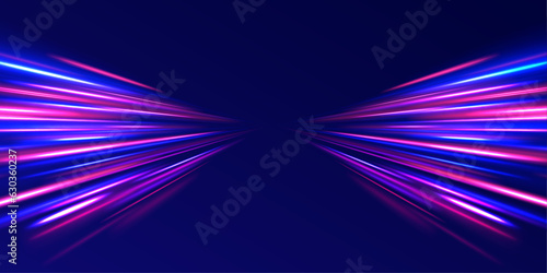 Speed light streaks vector background with blurred fast moving light effect, blue purple colors on black. Glowing street exposure. Blurred motion. Sparkling flow. Vector abstract dynamic dark. 