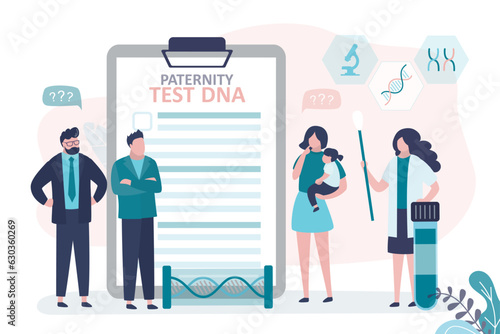Stupid girl does not know who is father of her daughter. Paternity testing, concept. Genetic laboratory, Woman doctor doing DNA research, test results. DNA testing report.
