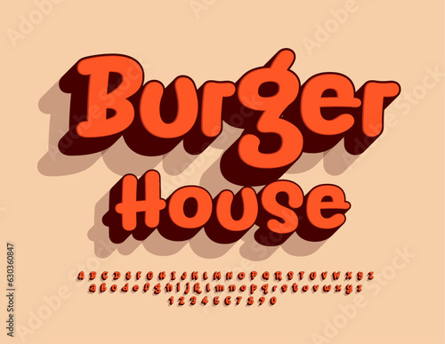 Vector trendy logotype Burger House. 3D artistic Font. Creative set of funky handwritten Alphabet Letters and Numbers