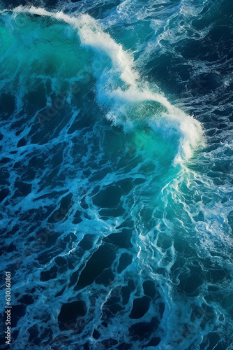 Awe-Inspiring Aerial View of Turbulent Blue Waters with Waves and White Foam Crests - AI generated