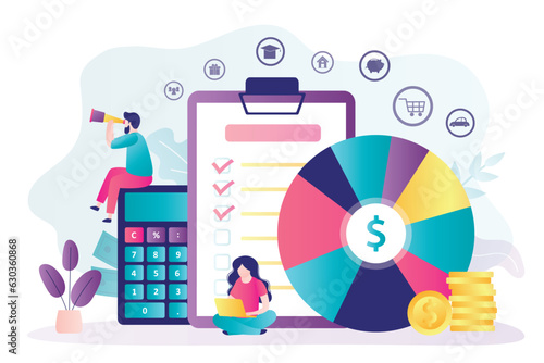 Business people uses various tools and gadgets for planning personal budget. Smart man and woman thinking about earnings and spendings. Diagram chart, calculator and planner.
