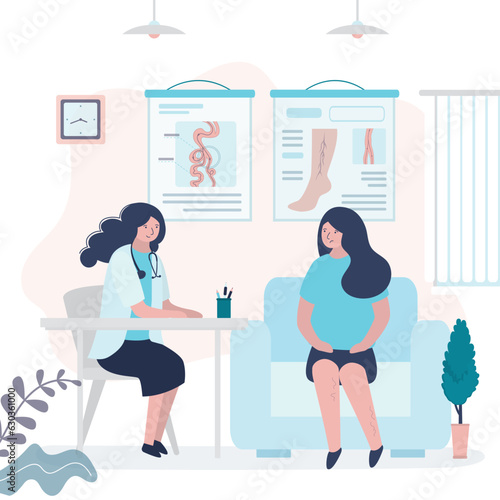 Phlebologist or vascular surgeon examination of woman patient. Prevention of varicose veins, thrombosis, rosacea. Exam of varicose veins on womans legs at phlebologists. Clinic room interior.