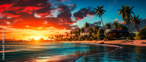 Colored beach with palm trees with sunset light and reflections. Vacation, romance. Ai generation