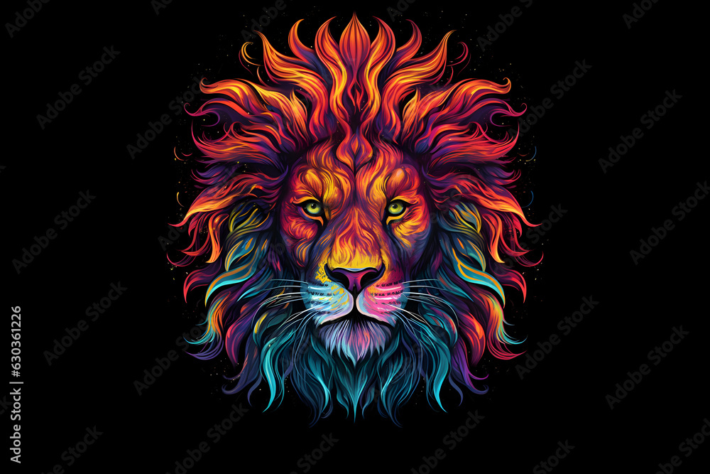 Lion's Fiery Brilliance: A Multicolored Mane of Flames generated by AI Lion's Fiery Brilliance: A Multicolored Mane of Flames generated by AI
