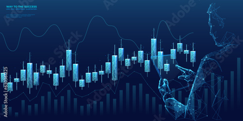 Abstract stock market banner. Digital businessman holding tablet with candlesticks hologram. Graph chart and growing bar. Low poly wireframe vector illustration in futuristic style.