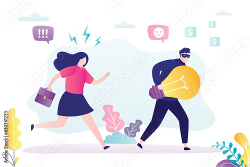 Theft or plagiarism and intellectual property infringement. Unhappy author trying to catch up with thief. Stealing light bulb, plagiarism, illegal content.