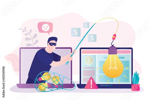 Hacker hacks laptop and steals innovative idea, industrial espionage. Theft or plagiarism, intellectual property infringement. Stealing light bulb, illegal content.