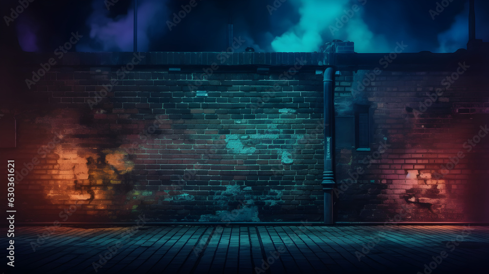 colorful enlightened brick wall with fog in the streets, generative ai 