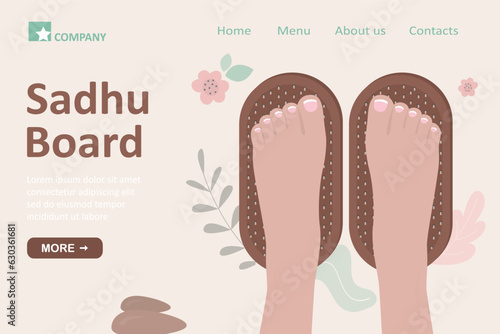 Sadhu board, landing page template. Legs stand on nails bed. Wooden board for yoga practice. Meditation and relaxation. Yoga desk and feet, top view. Alternative medicine and treatment.