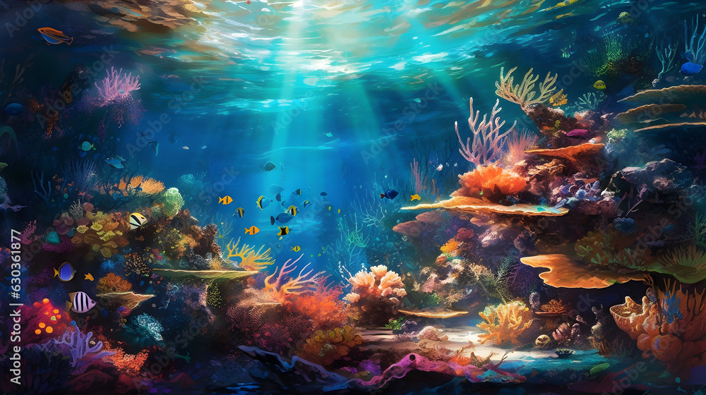Sunlit Underwater Wonderland: Exploring the Vibrant Marine Life and Coral Reef generated by AI