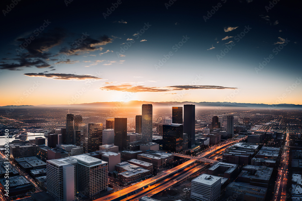 A Captivating Aerial Drone Photo City at Sunset with Spectacular Skyline Views. created with Generative AI