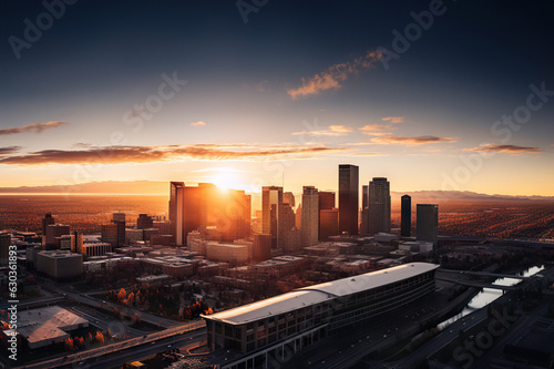 A Captivating Aerial Drone Photo City at Sunset with Spectacular Skyline Views. created with Generative AI © photobuay
