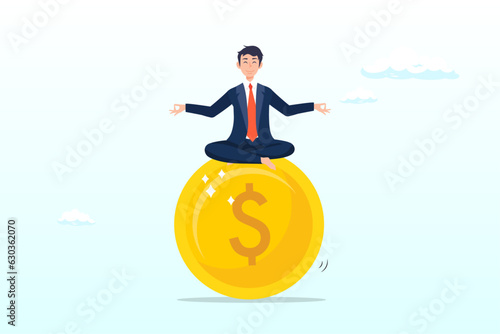 Smart businessman meditate and floating on big golden money dollar coin, financial guru or expert, behavioural finance mindfulness for wealth management, money and investment advisor concept (Vector)