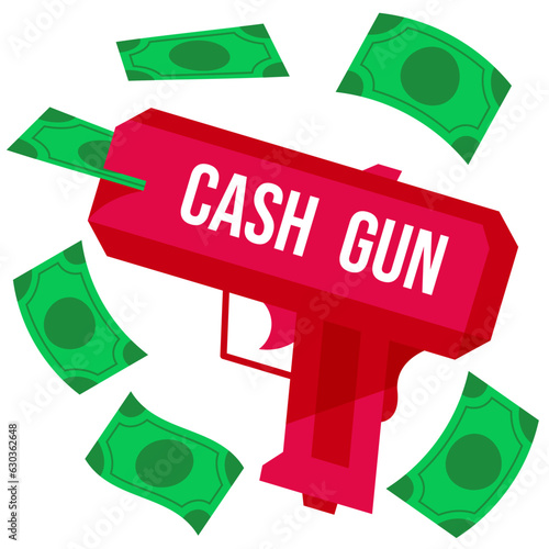 Red cash gun with fake green money for game on party and event show isolated on white background.
