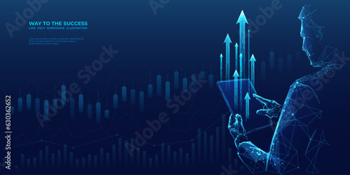 Fotografering Abstract stock exchange and trader holding tablet with arrow up signs