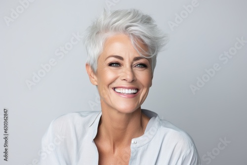 Beautiful elderly senior woman, model, woman with grey hair laughing and smiling into camera, old lady portrait, skin care, cosmetics, dental, beauty, generative ai