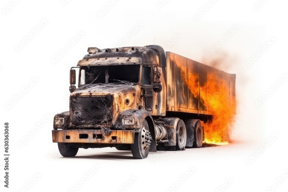 Burned semi-truck with an orange trailer on fire on a white background