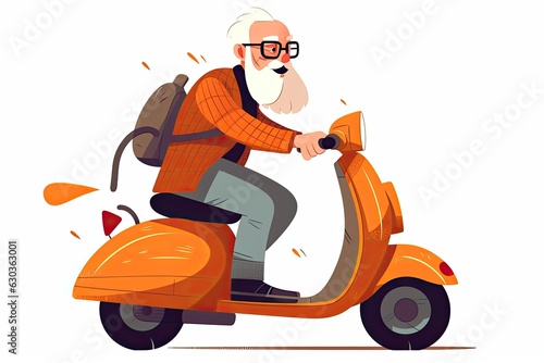 Bearded man with glasses riding an orange scooter on a white background.