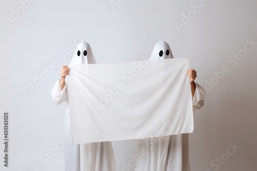 People dressed up as ghosts holding a blank white banner. The people are wearing white sheets with eye holes cut out.