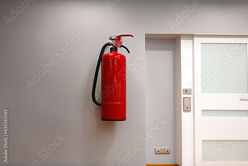 Red fire extinguisher on a gray wall with a white door and an outlet photo