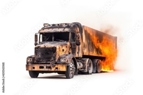 Burned semi-truck with an orange trailer on fire on a white background