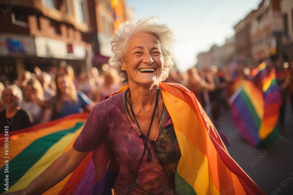 una sonriente mujer madura celebra  el dia del orgullo LGTBI