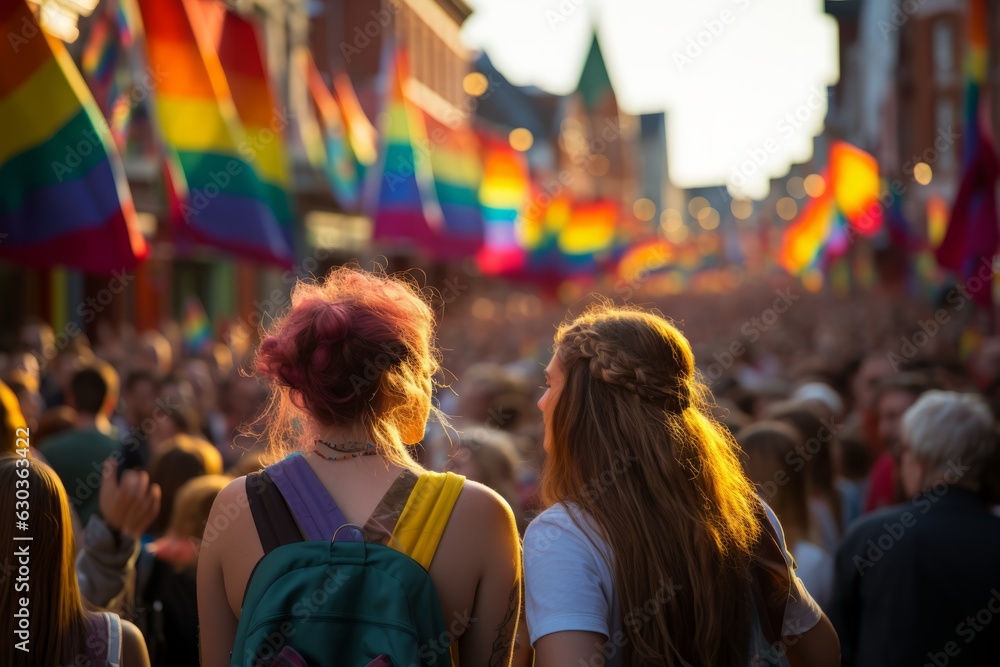 una pareja de jovenes lesbianas celebra el dia del orgullo LGTBI