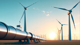 A hydrogen pipeline with wind turbines and in the background