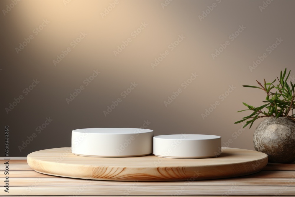 Natural wooden podium white mockup for cosmetics, products, perfumes or jewelry with natural light. 