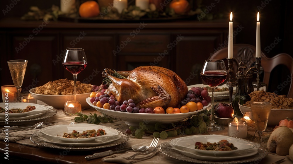 a table setting for Thanksgiving dinner with a beautifully arranged turkey centerpiece, surrounded by plates and glasses