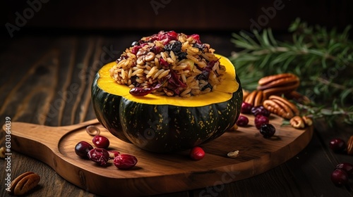 delicious-looking acorn squash stuffed with a mixture of wild rice, cranberries, and pecans, on a rustic wooden board photo