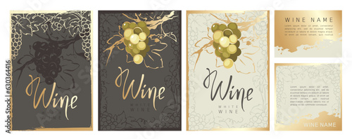Collection labels for white wine. Vector illustration, set of backgrounds with grapes and gold strokes.