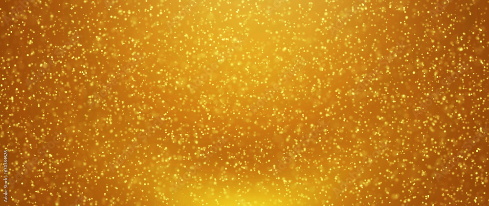Golden particles shining dust bokeh glitter awards abstract background. Futuristic glittering in space on gold background. 