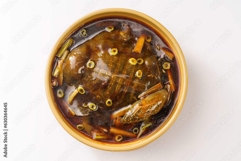Braised soft-shelled turtle with scallions on pure white background