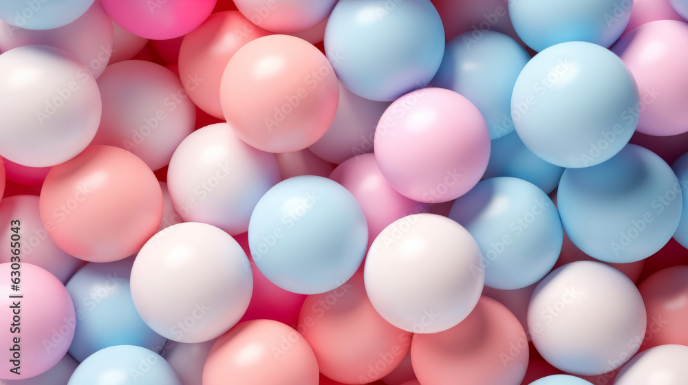 Festive multi-colored balloons in various shades of pink, blue, and white