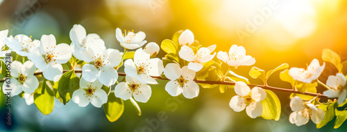Blooming trees with bees with bokeh background  pastel and bright colors  abstract background of spring  nature sunrise. floral background Ai generation