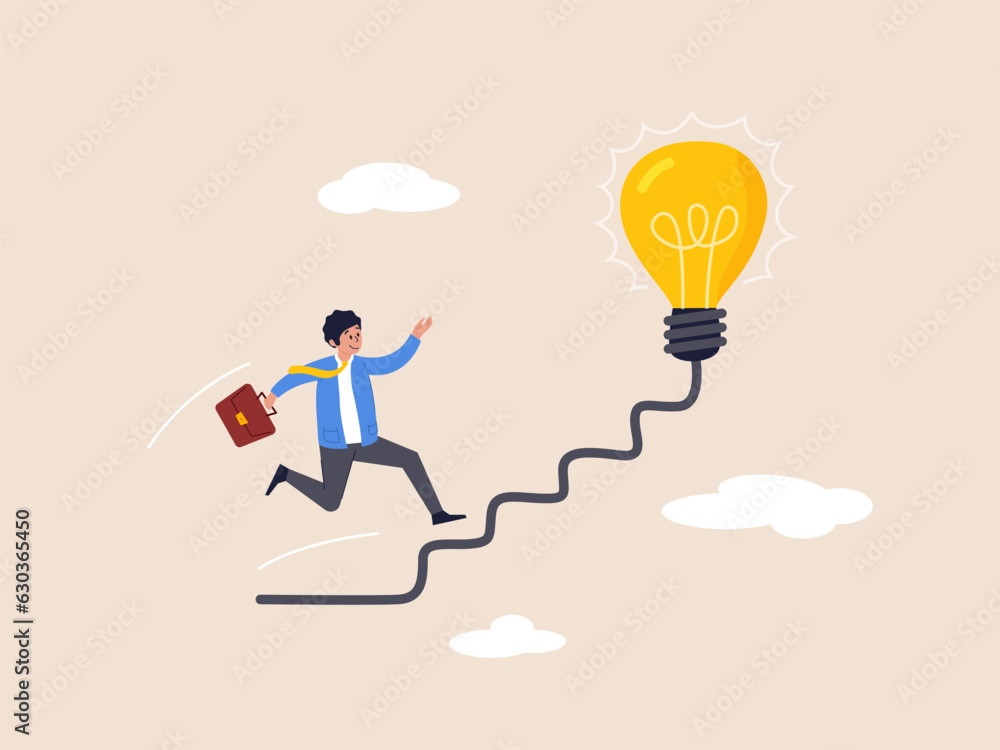 Obraz premium Creativity for business idea. Career path or goal achievement. Thinking and brainstorm for new idea or opportunity. Businessman start walking on electricity line as stairway to big idea lightbulb.