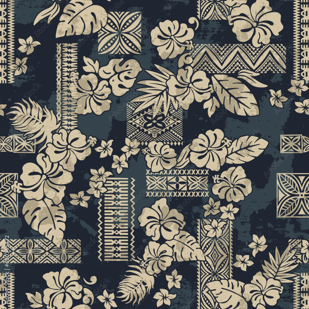 Hawaiian tapa tribal elements and hibiscus flowers patchwork abstract vintage vector seamless pattern grunge effect in separate layer