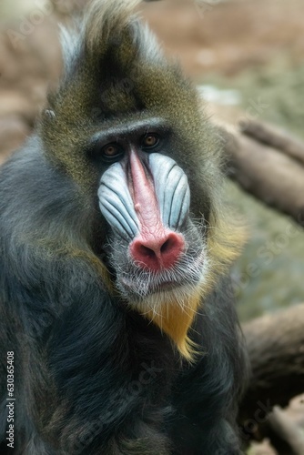 Portrait of a male mandrill ape in a zoo with a blurry background