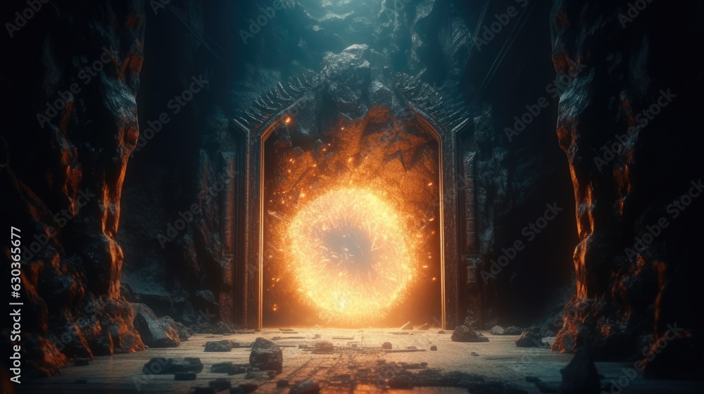 Spectacular fantasy scene with magical portal. Created with Generative AI. - obrazy, fototapety, plakaty 