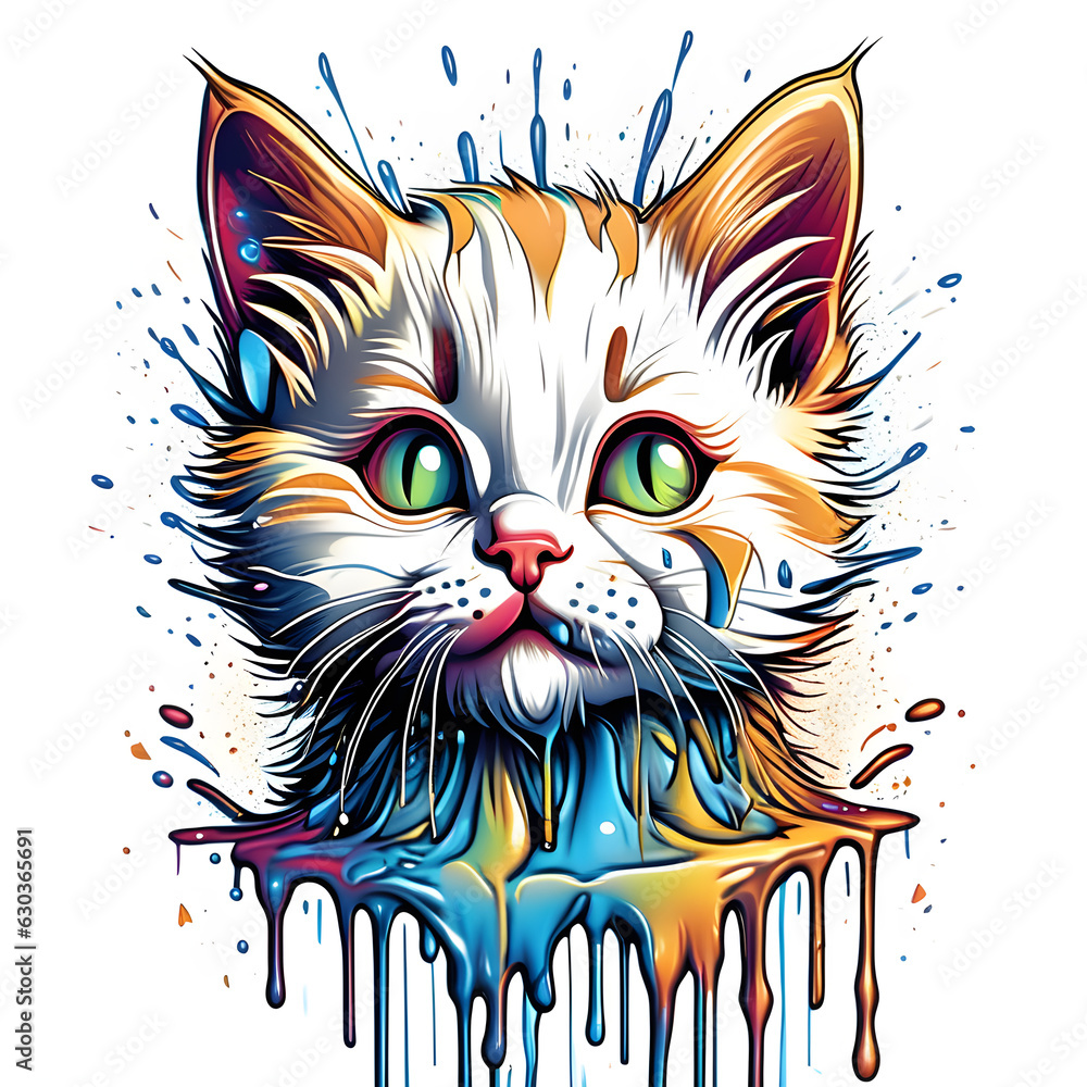 Generative AI Illustration of a Cute kitten dripping paint