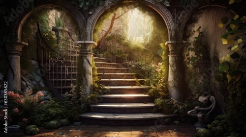 surreal, a beautiful secret garden. A quiet and bright place. Created with Generative AI. photo