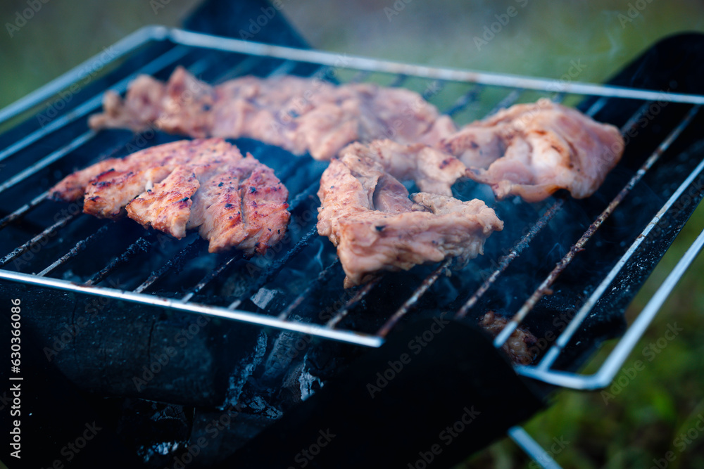 pork roast, on the iron stove, top view,.Spicy Grilled Pork Chop, Summer Barbecue, camping party. pork roast, on the iron stove, top view,.Spicy Grilled Pork Chop, Summer Barbecue, camping party.