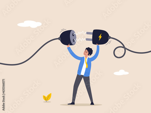Business continuity concept. Energy recharge or connecting people to advance or surpass work difficulty concept, businessman manager connecting power cord to continue business.
