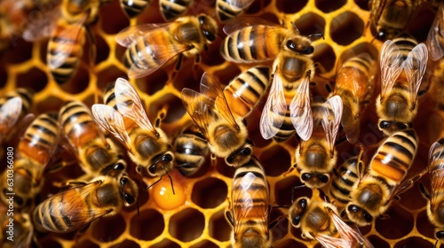 Honey bees working on honey cells on the comb close-up shot, Generative AI.
