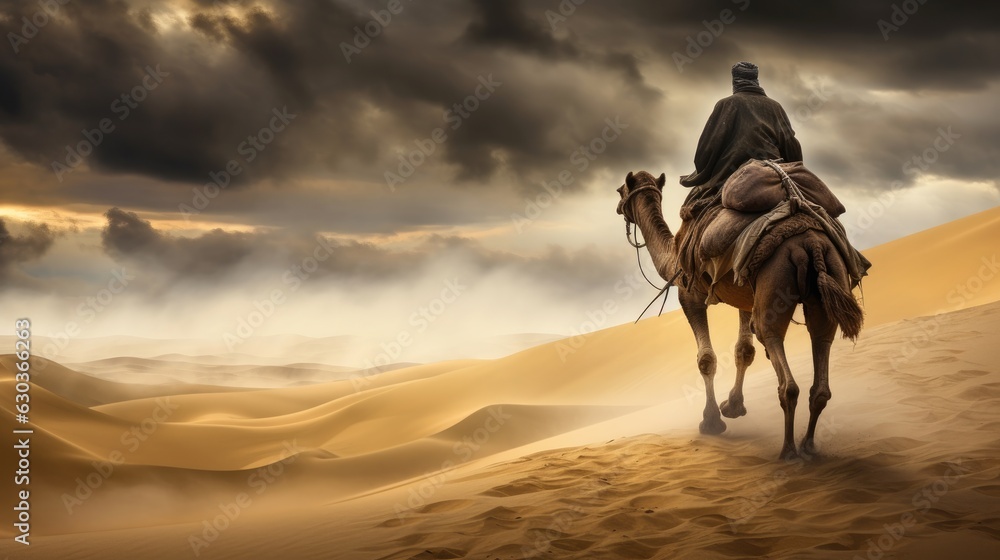 Riding a camel in the desert in extreme weather conditions, storm on the horizon, Generative AI. - obrazy, fototapety, plakaty 