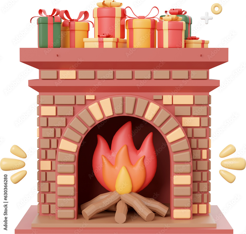 Fototapeta premium Christmas fireplace with decorations, Christmas theme elements 3d illustration
